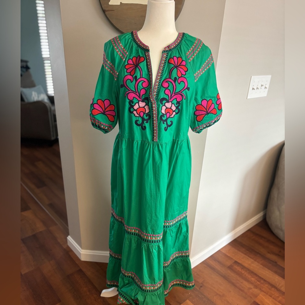 Boden Green Maxi Dress with Pink Embroidery